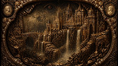 a cliffside city with waterfalls cascading into a misty canyon, wide establishing shot, no people, no text