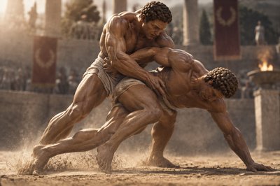 a couple of men wrestling in a dirt field