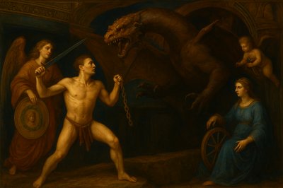 a painting of a man holding a sword next to a woman