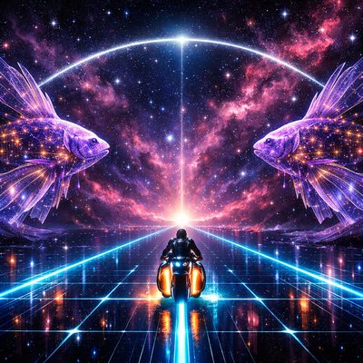Neon-Futurism Digital Art Style, Bioluminescent Sci-Fi Cosmic Setting, Grand Symmetrical Perspective. > The Rider & Bike: The lone motorcyclist in the sleek armored suit is centered on the highway, speeding away from the viewer on the hubless light-cycle. The cyan and orange glow of the bike is the sharpest point of light in the center of the frame.

The Path: The glowing blue laser-grid highway is a straight, infinite line of light that leads directly into the center of the horizon.

The Pisces Constellation: On the far left and far right sides of the highway, two colossal, ethereal celestial fish are positioned facing away from each other. They are rendered as majestic, crystalline structures made of violet stardust and golden circuitry.

The Composition: The highway passes directly through the vast open space between the two figures. Their large, translucent tail fins fan out like glowing sails on either side of the road, creating a "V" shape that guides the eye toward the center of the cosmos.

The Connection: A thin, radiant silver beam of light connects the two distant figures, arching high above the rider like a celestial wire.

Atmosphere: A serene and vast cosmic void, filled with soft magenta nebulae and shimmering diamond stars, creating a sense of peace and finality at the end of the journey.