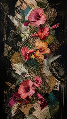 a climbing vine of flowers and hummingbirds on a dark background, tall wrapping composition, no text