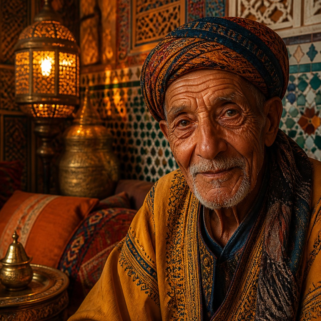 close-up portrait of an elderly person with expressive weathered features — Moroccan Interior Design