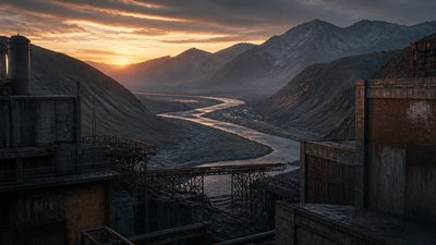a vast valley with a river winding toward distant mountains at sunrise, no people, no text