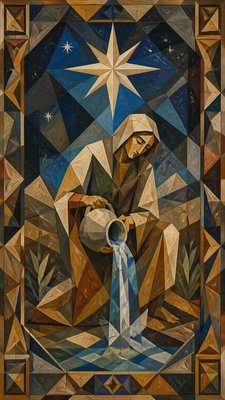 a robed figure pouring water beneath a large eight-pointed star in a night sky, symmetrical composition with an ornate decorative border, no text