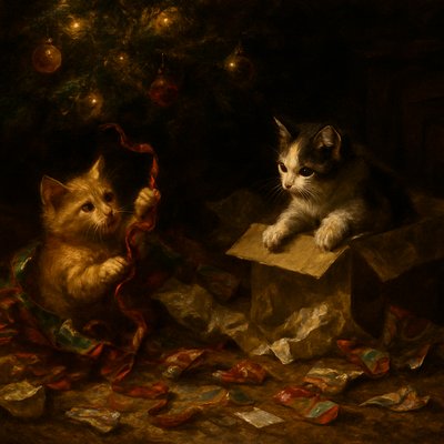 Baroque Oil Painting, Tenebrism Lighting, Rich Canvas Texture a heartwarming scene under a decorated Christmas tree. Two fluffy kittens, one a ginger tabby and the other a calico, are joyfully playing in a chaotic pile of discarded Christmas wrapping paper, ribbons, and bows. The ginger kitten is tangled in a long piece of shiny red and green paper, batting at a curled ribbon. The calico kitten is pouncing from inside a torn open cardboard gift box, surrounded by crumpled tissue paper. Torn pieces of colorful wrapping paper (gold foil, snowman patterns, stripes) and empty gift tags are scattered everywhere on a plush rug. The Christmas tree above them is glowing with warm fairy lights and decorated with traditional ornaments. The background is a cozy living room with a fireplace.