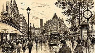 bustling city street panorama at dusk