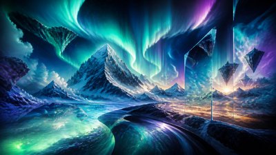 a flowing aurora over snowy peaks, wide sweeping composition, no people, no text