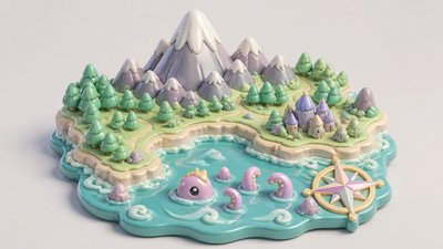 a map of an island realm with mountains, forests, a sheltered bay, sea monsters in the water and a compass rose, no text labels