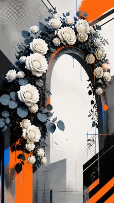 an arch of white roses and eucalyptus in soft morning light, elegant vertical composition with open space, no text