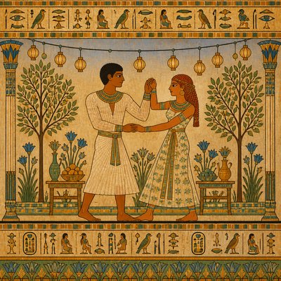 an original couple dancing under string lights in a garden at dusk: a man with short black hair in a linen shirt and a woman with braided red hair in a summer dress