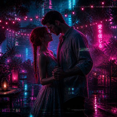 an original couple dancing under string lights in a garden at dusk: a man with short black hair in a linen shirt and a woman with braided red hair in a summer dress