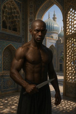 a man holding a knife in front of a building