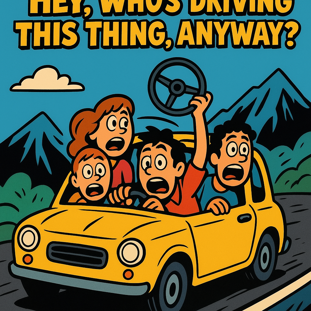 This is a crazy scene. A tiny car, something like a Fiat Bambino careens down a mountain road with 4 people inside. 1 of them, the driver, is holding up the steering wheel, which is detached from its column. The people are comically frightened. The caption is "Hey, Who's Driving This Thing, Anyway?"