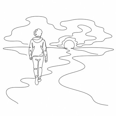a solitary figure walking toward a glowing horizon across an empty plain, moody atmosphere, no text or lettering