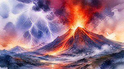 an erupting volcano with lightning strikes, dramatic wide composition, no text