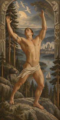 a painting of a man standing on top of a mountain