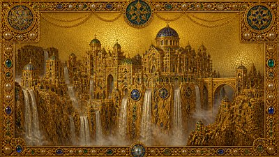 a cliffside city with waterfalls cascading into a misty canyon, wide establishing shot, no people, no text