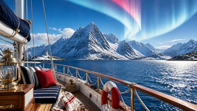 a flowing aurora over snowy peaks, wide sweeping composition, no people, no text