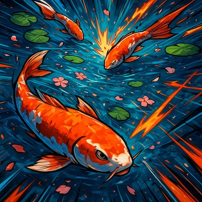 A koi pond seen from above, orange and white koi fish swimming among lily pads, clear water with subtle ripples, fallen cherry blossom petals floating on the surface, dappled sunlight