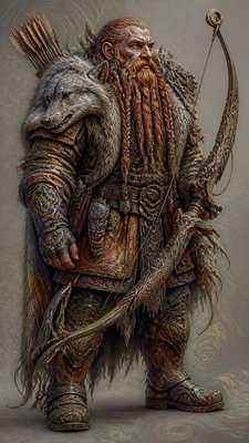 full-body original character: a dwarven ranger with a braided auburn beard, worn leather armor, a longbow and a wolf-pelt cloak, neutral background, no text