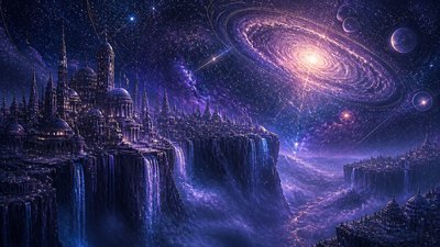 a cliffside city with waterfalls cascading into a misty canyon, wide establishing shot, no people, no text