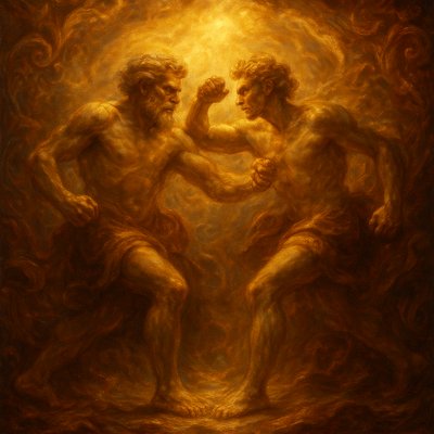 a painting of two men fighting with each other
