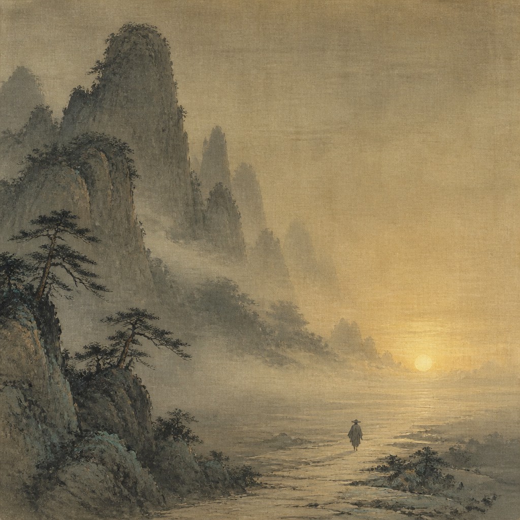 a solitary figure walking toward a glowing horizon across an empty plain, moody atmosphere, no text or lettering