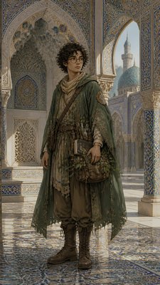 full-body original character: a wandering botanist with a satchel of plants, a patched green cloak, tall boots and round glasses, neutral background