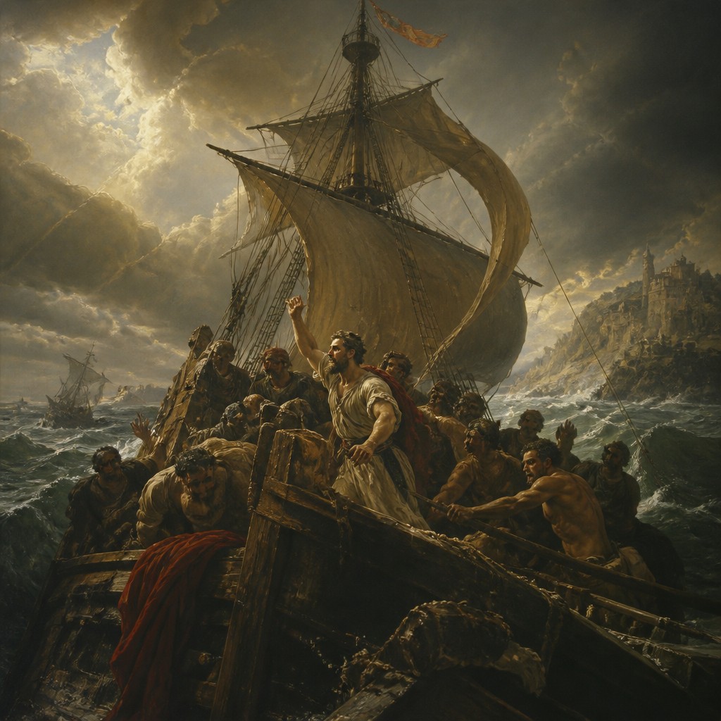 sailing ship on a stormy sea — History Painting Art Style