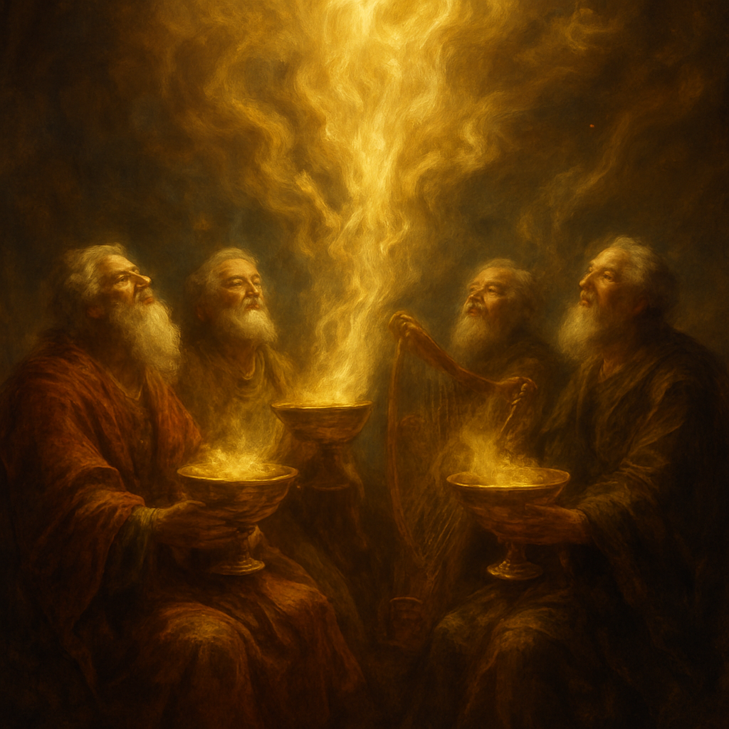 A majestic, ethereal scene depicting golden bowls brimming with luminous, swirling incense. The incense, representing the collective prayers of all saints, rises and coalesces into shimmering, golden tendrils that ascend towards an unseen heavenly throne.There elders worshipping: EACH ELDER HAS ONE BOWL AND ONE HARP. These are golden bowls of incense. Each bowl is held by a robed elder, The atmosphere is reverent and awe-inspiring, filled with soft, warm light emanating from the golden smoke. Emphasize the precious, divine, and unified nature of the prayers. Inspired by Revelation 5:8
