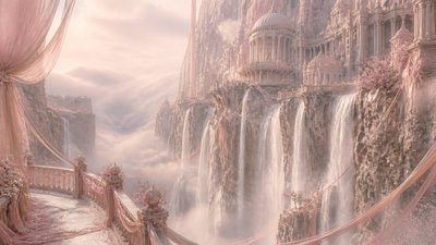 a cliffside city with waterfalls cascading into a misty canyon, wide establishing shot, no people, no text