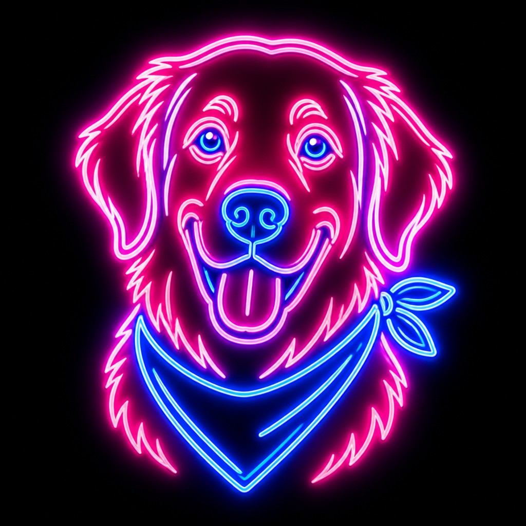 portrait of a golden retriever wearing a blue bandana, warm plain backdrop, no text