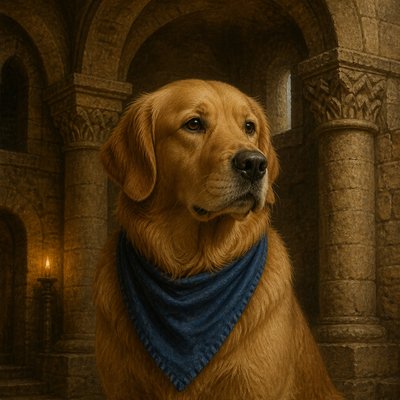 portrait of a golden retriever wearing a blue bandana, warm plain backdrop, no text