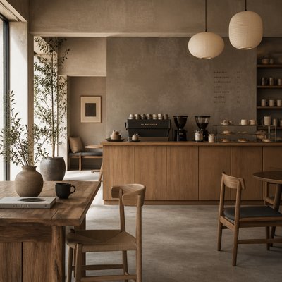 cozy cafe interior with warm lighting