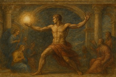 a painting of a man standing in front of a group of people