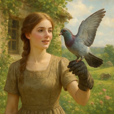 A beautiful young woman with fair skin, light brown hair styled in a braid, and rosy cheeks stands outdoors in front of a rustic stone and ivy-covered building. She is wearing a simple, practical light brown dress with an apron-style overlay, suggestive of a farm setting. Her right arm is extended, and she is wearing a dark leather glove on her hand, upon which a messenger pigeon has just landed. The pigeon is a classic racing pigeon type, with iridescent green and purple neck feathers, and it has its wings slightly spread as if in the act of landing or adjusting. A small message capsule or scroll is clearly visible attached to one of its legs. The woman looks slightly upwards and to the right with a soft, warm expression, her lips slightly parted, as if acknowledging the pigeon or looking towards the message. In the background, to the right, is a picturesque green landscape under a bright sky with scattered clouds, featuring rolling hills, a small, distant stone building, and what appears to be an old cannon or piece of artillery, hinting at a historical wartime context. The overall lighting is warm and natural, creating a serene yet significant atmosphere.