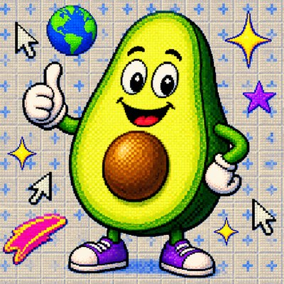 a happy avocado character giving a thumbs up, bold readable design on a plain background, no text