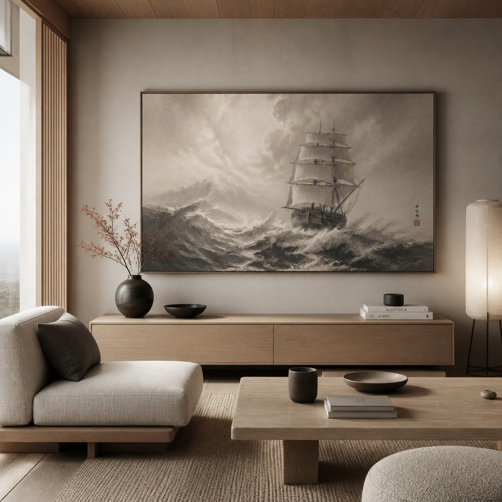 sailing ship on a stormy sea — Japandi Aesthetic