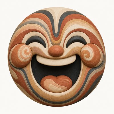 an exaggerated laughing face of an original round mascot character, bold and readable at small size, plain background, no text