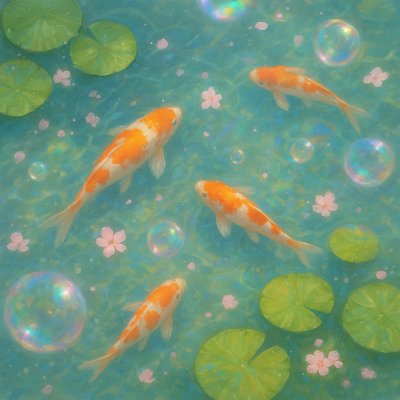 A koi pond seen from above, orange and white koi fish swimming among lily pads, clear water with subtle ripples, fallen cherry blossom petals floating on the surface, dappled sunlight