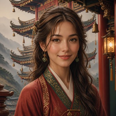head-and-shoulders portrait of an original character: a young woman with wavy chestnut hair and a warm smile, plain soft backdrop