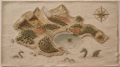 a map of an island realm with mountains, forests, a sheltered bay, sea monsters in the water and a compass rose, no text labels