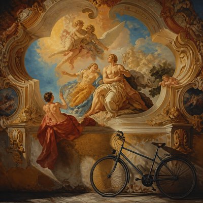 bicyle resting against a wall