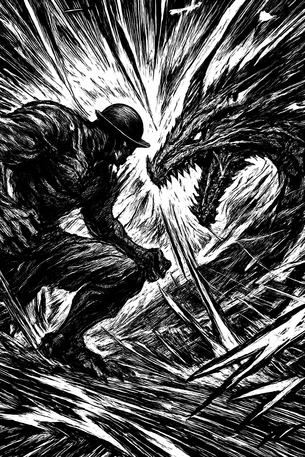 a black and white drawing of a man holding a knife