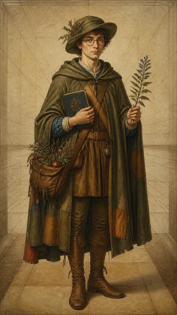 full-body original character: a wandering botanist with a satchel of plants, a patched green cloak, tall boots and round glasses, neutral background
