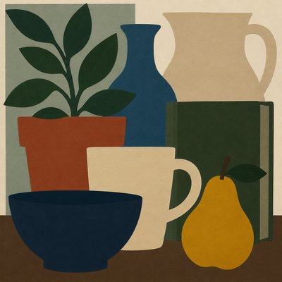 still life with everyday objects — Overlapping Art Style