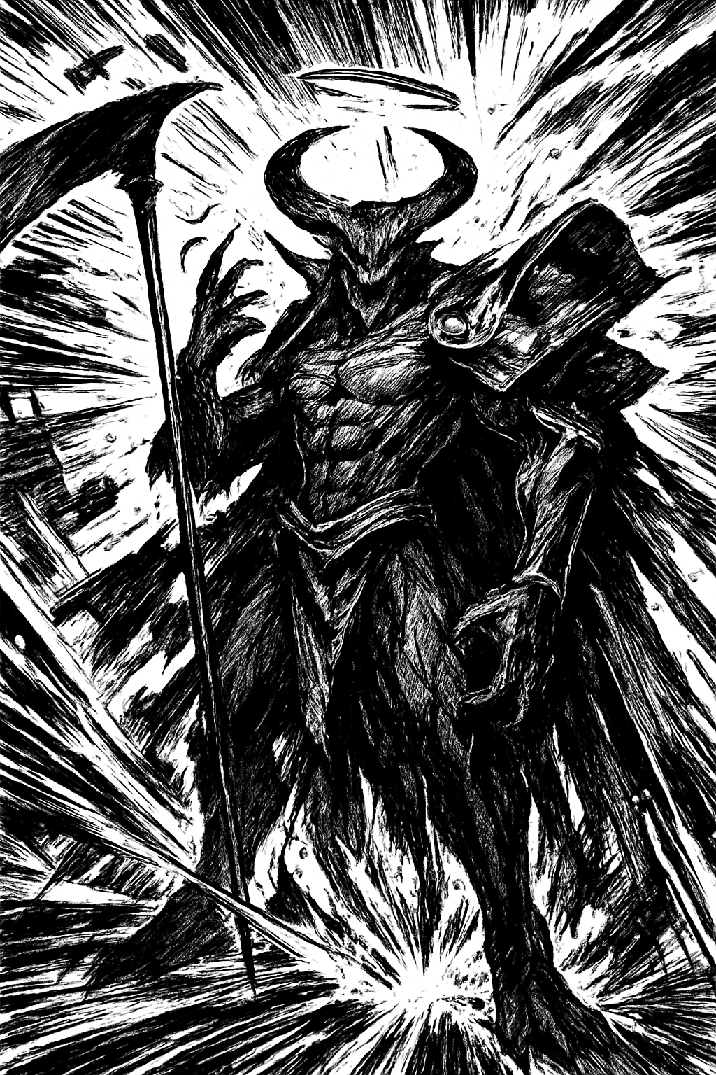 a black and white drawing of a demon