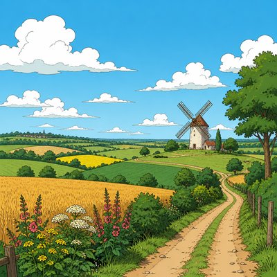wide landscape of rolling farmland with hedgerows, a dirt road and a distant windmill under a big sky, no people and no animals