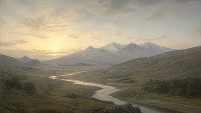 a vast valley with a river winding toward distant mountains at sunrise, no people, no text