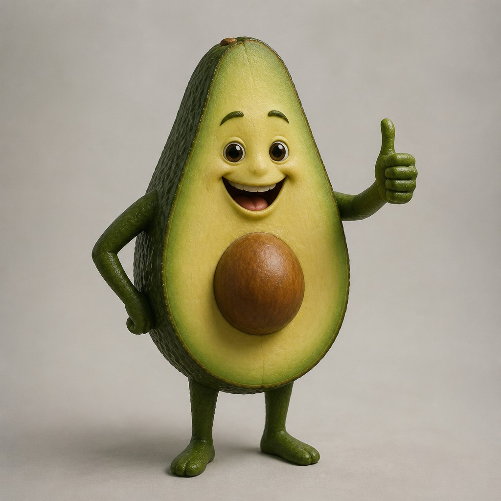 a happy avocado character giving a thumbs up, bold readable design on a plain background, no text
